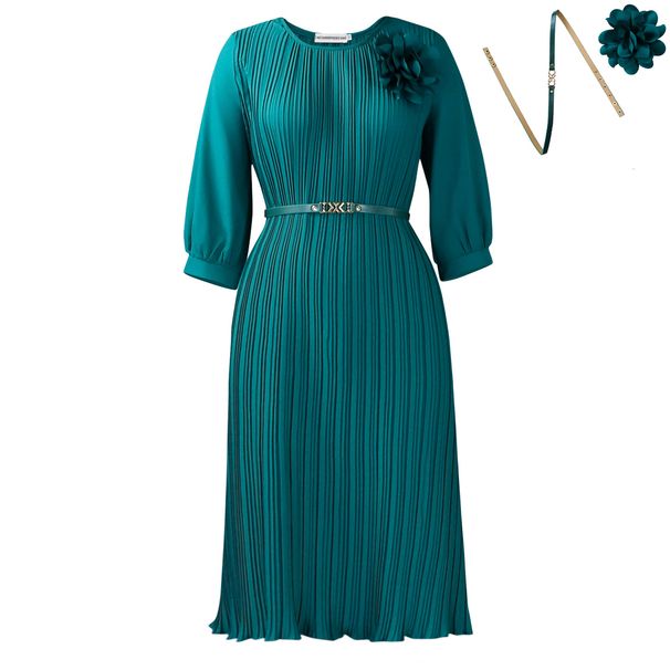 Women's Clothing Summer A-Line Dress Solid Color Round Neck Tie Waist Pleated High-Quality Mid-Length_ecoleips.com