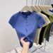 Women's Semi-Open Neck Knit Short Sleeve T-Shirt Slim Fit Casual Top for Petite And Tall_ecoleips.com