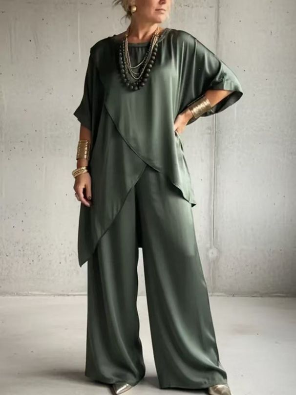 Summer Women's Satin Two-Piece Set Round Neck Loose Fit Casual Irregular Hem Fashion_ecoleips.com