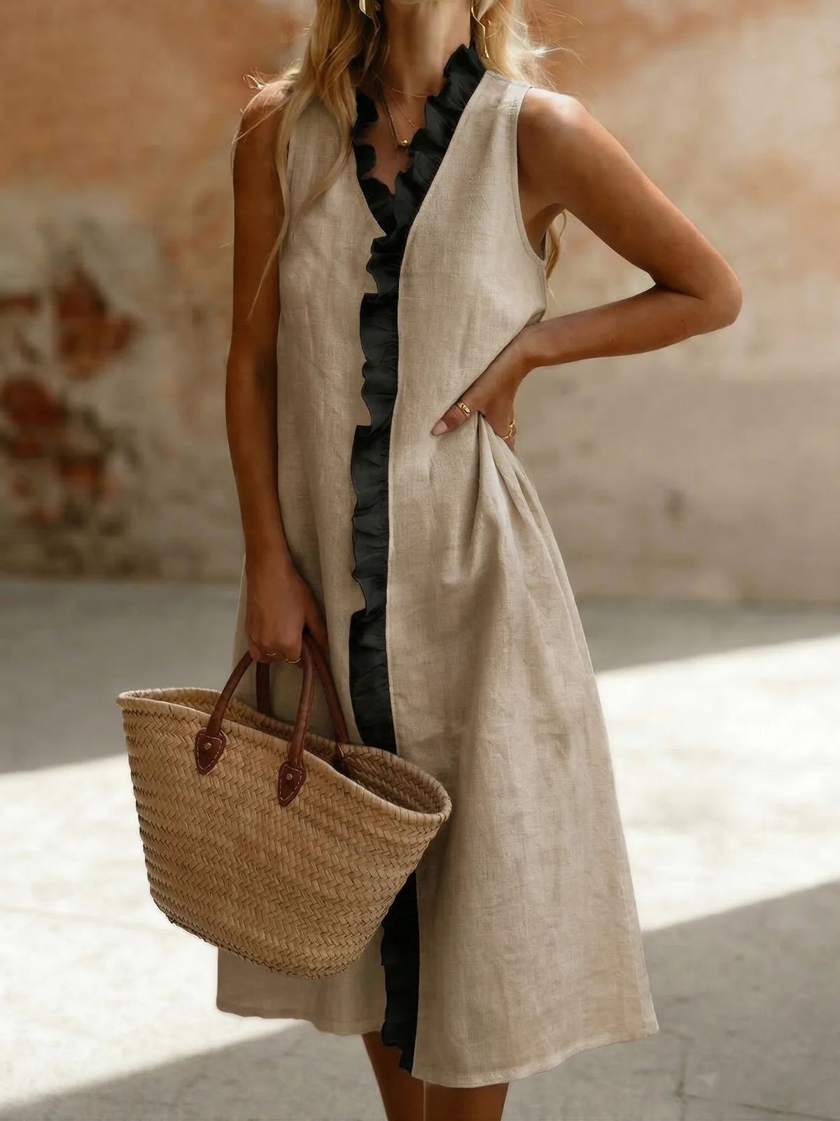 Women's Casual Cotton Linen Dress Solid Color Ruffle Midi Skirt American Style Thin Suitable For Summer_ecoleips.com