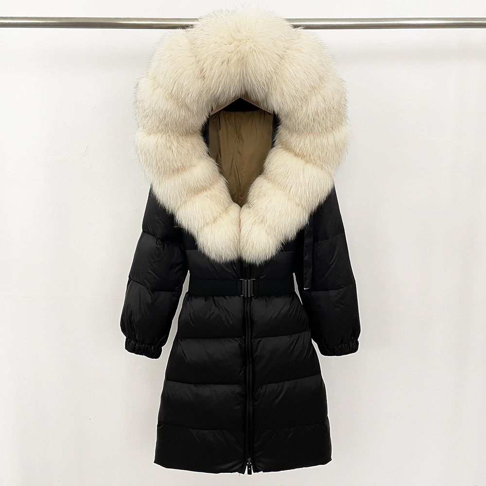 Elegant Fox Fur-Trimmed Down Coat – Long Hooded Winter Jacket For Women (Black/Khaki/Olive, S-XXL)_ecoleips.com