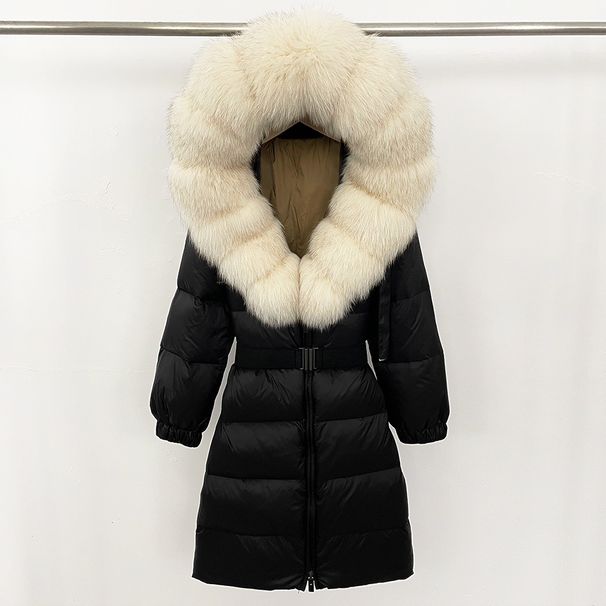 Elegant Fox Fur-Trimmed Down Coat – Long Hooded Winter Jacket For Women (Black/Khaki/Olive, S-XXL)_ecoleips.com