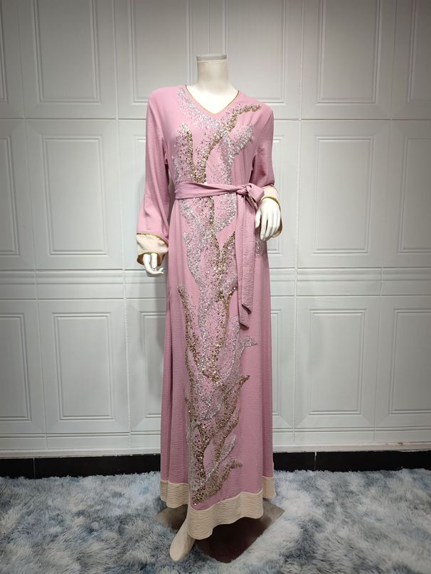 Elegant Embroidered Abaya Dress With Sequins – Lightweight Crinkle Polyester Muslim Jalabiya For Women (Pink/Green)_ecoleips.com