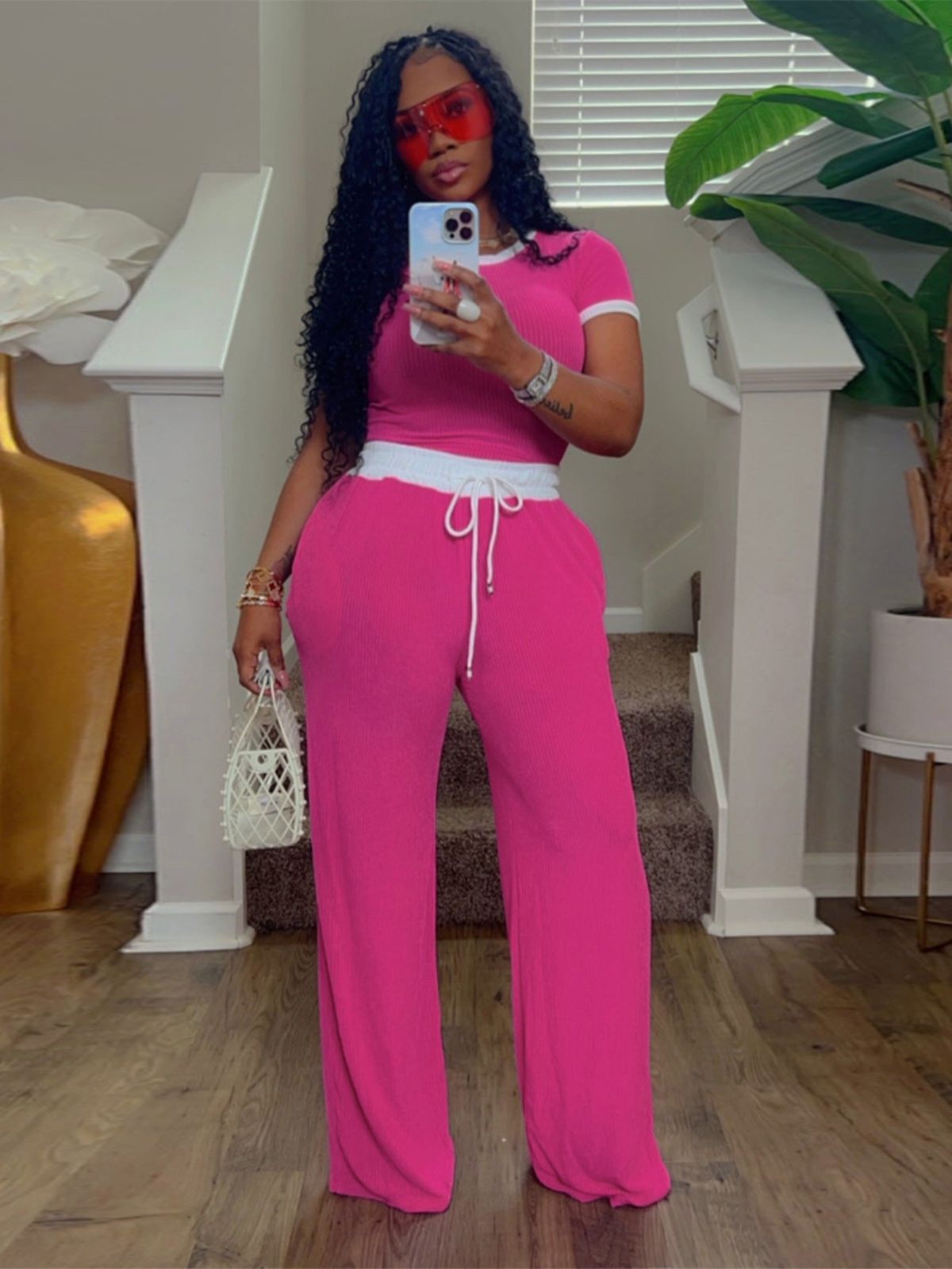 Women's Clothing Casual Street Wear Daily Ribbed Contrast Color Round Neck Short Sleeved Pants Suit Two Piece Suit_ecoleips.com