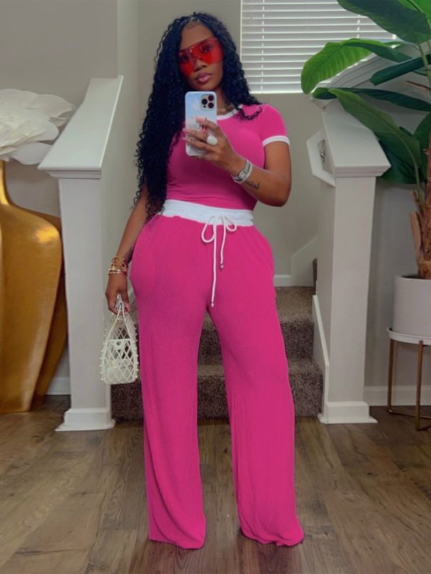 Women's Clothing Casual Street Wear Daily Ribbed Contrast Color Round Neck Short Sleeved Pants Suit Two Piece Suit_ecoleips.com