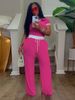 Women's Clothing Casual Street Wear Daily Ribbed Contrast Color Round Neck Short Sleeved Pants Suit Two Piece Suit_ecoleips.com