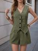 Women's Clothing Elegant Women's Two Piece Set Commuter Wear V Neck Button Decorated Vest And Shorts Solid Color_ecoleips.com