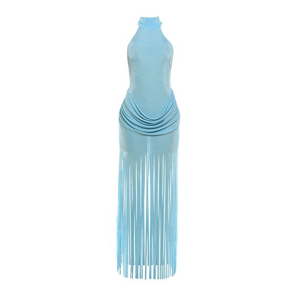 Women's Clothing Sexy Halter Neck Backless Tassel Dress Solid Color Spring Fashion_ecoleips.com