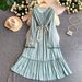 Women's French Style Beaded round Neck Dress Elegant Summer Texture Pleats Ruffles Long Skirt Gentle Dress_ecoleips.com