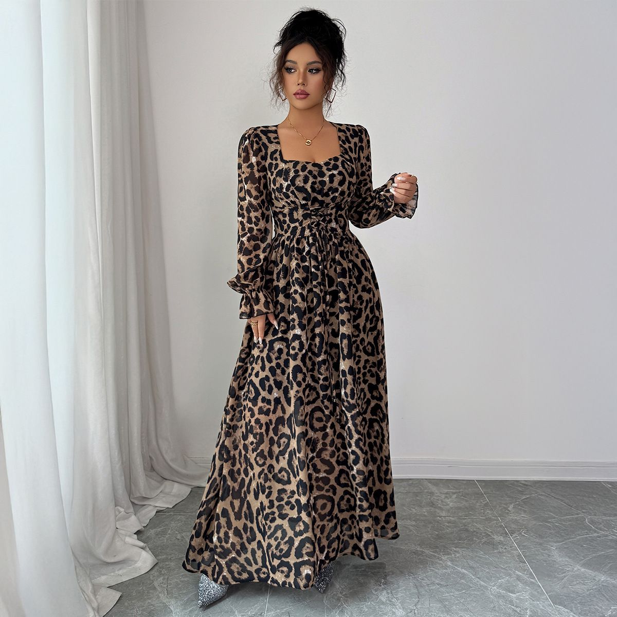 Women's Leopard Print Long Sleeve Dress – Stylish Fall & Winter Dress With Comfort Fit, Soft Stretch Fabric, Elegant A-Line Silhouette_ecoleips.com