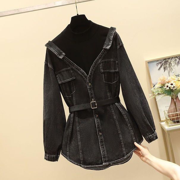 Women's Clothing Fashionable Shirt, Slim Temperament, Two Piece Long Sleeved Denim Top_ecoleips.com