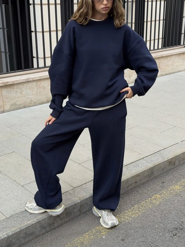 Women's Oversized Two-Piece Set Long Sleeved Solid Color Pullover Sweatshirt And Sweatpants Casual Outfit Polyester_ecoleips.com