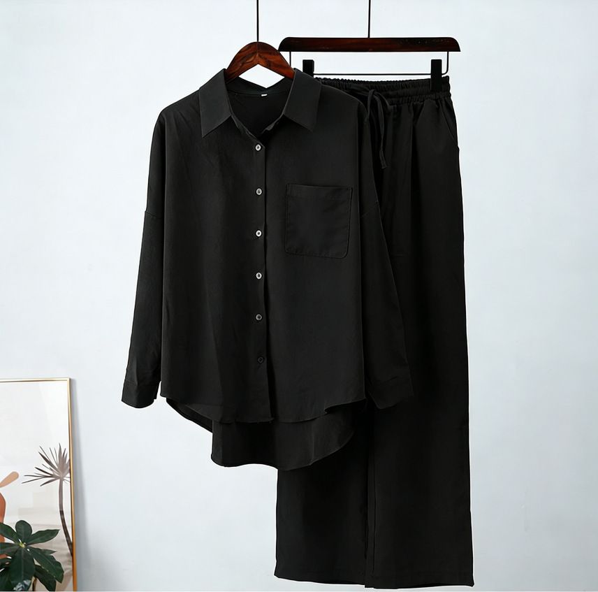 Plus Size Southeast Asian Loose Fit Long Sleeve Shirt Wide Leg Pants Set Stretch Wrinkled Fashion Sports Suit For Women Autumn Winter_ecoleips.com