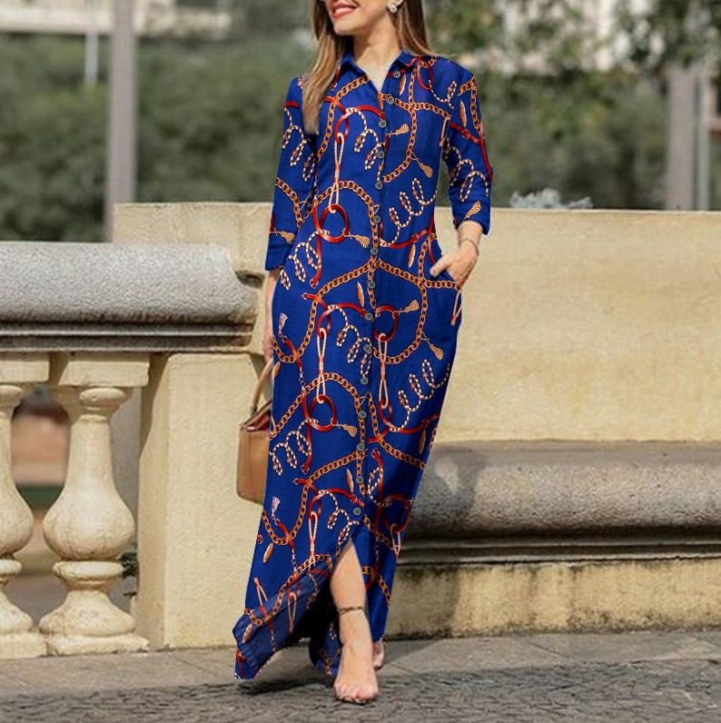 Women's Floral Print Cotton Dress Casual Lapel Long Sleeve Button Shirt Robe For Holiday_ecoleips.com