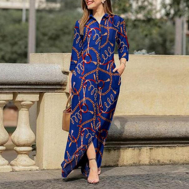 Women's Floral Print Cotton Dress Casual Lapel Long Sleeve Button Shirt Robe For Holiday_ecoleips.com