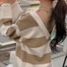 Women's Retro Striped Soft Waxy Sweater - Oversized Off Shoulder Pullover, Loose Fit, Cozy & Stylish For Autumn Winter_ecoleips.com