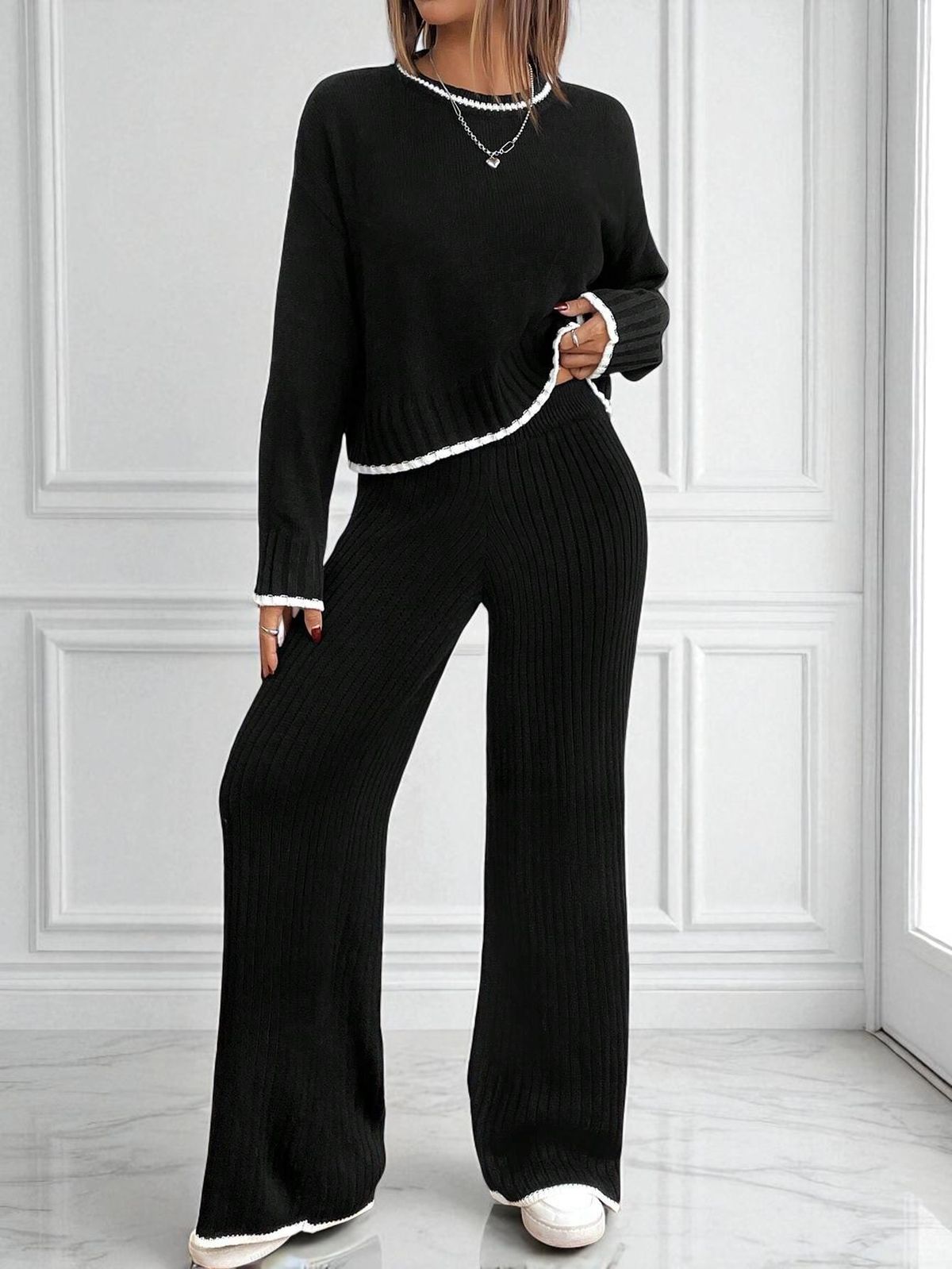 Women's Knitwear Set 2025 - Long Sleeve Top & High Waist Wide Leg Pants Two-Piece Outfit For Casual & Office Wear_ecoleips.com