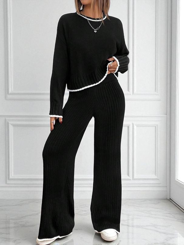 Women's Knitwear Set 2025 - Long Sleeve Top & High Waist Wide Leg Pants Two-Piece Outfit For Casual & Office Wear_ecoleips.com