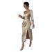Voya Voya Autumn New Women's Gold Foil Round-neck Long-sleeve Dress With Slim Waist, Pleated Design, And Asymmetrical Slit Hem_ecoleips.com