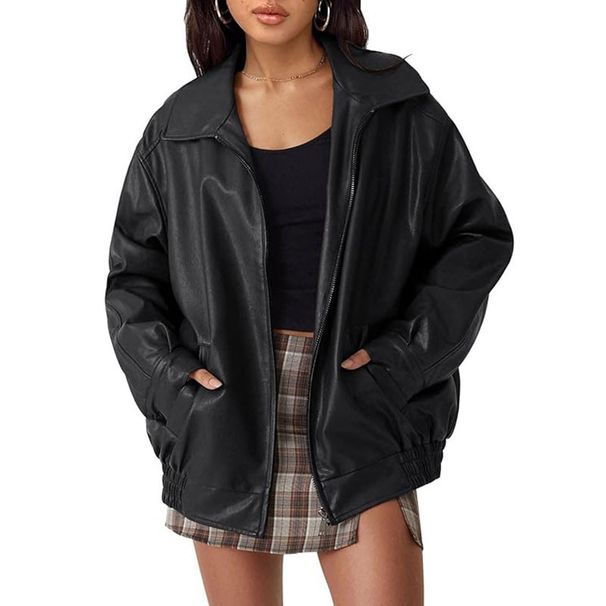 Aria Basics Spring Autumn Hot-Selling European And American Jacket Motorcycle Style Loose Top Turn-Down Collar Elastic Waist_ecoleips.com