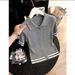 Women's Grey Collared Button Down Knit Top Short Sleeved Fashionable Slimming French Casual New Summer Style_ecoleips.com
