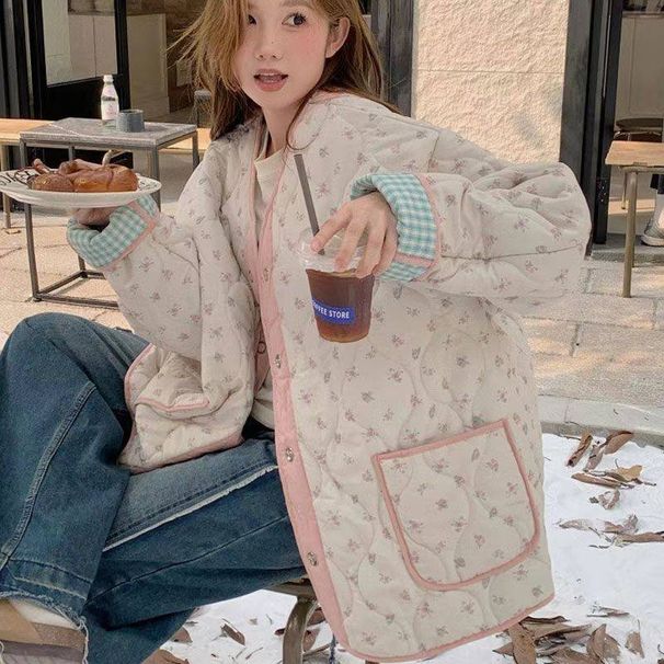 girl Girl Girl Reversible Vintage Floral Fresh Color Block Plaid Jacket For Women 2025 New Autumn Winter Padded Coat Women's Cotton_ecoleips.com