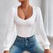 Voya Women's V-neck Bubble Sleeve Slim Fit Fashionable Versatile Women's T-shirt Long Sleeved Lace French Top_ecoleips.com
