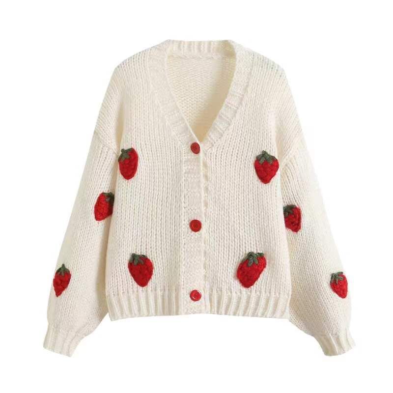 K Versatile Temperament V-neck Knitted Cardigan Fashionable, Gentle, Sweet, Three-dimensional Strawberry Short Sweater Jacket_ecoleips.com