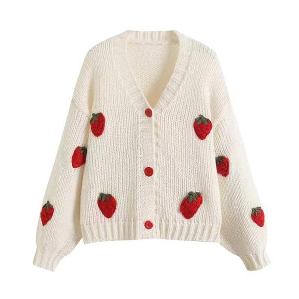 K Versatile Temperament V-neck Knitted Cardigan Fashionable, Gentle, Sweet, Three-dimensional Strawberry Short Sweater Jacket_ecoleips.com