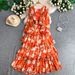 Women's French Romantic Style Floral Print Dress round Neck Long Sleeve Slimming Elegant Fairy Chiffon Summer Cake Long Dress_ecoleips.com