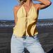 2026 Spring/Summer European And American Style Halter Neck Lace-Up Hollow Out Women's Camisole, Yellow V-Neck Ruffle_ecoleips.com
