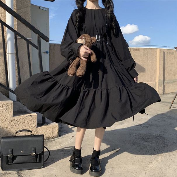 Long Sleeve A-Line Dress With Waist Gathering, High Waist, Black, Sweet And Cute For Women Versatile Long Sleeve Design_ecoleips.com