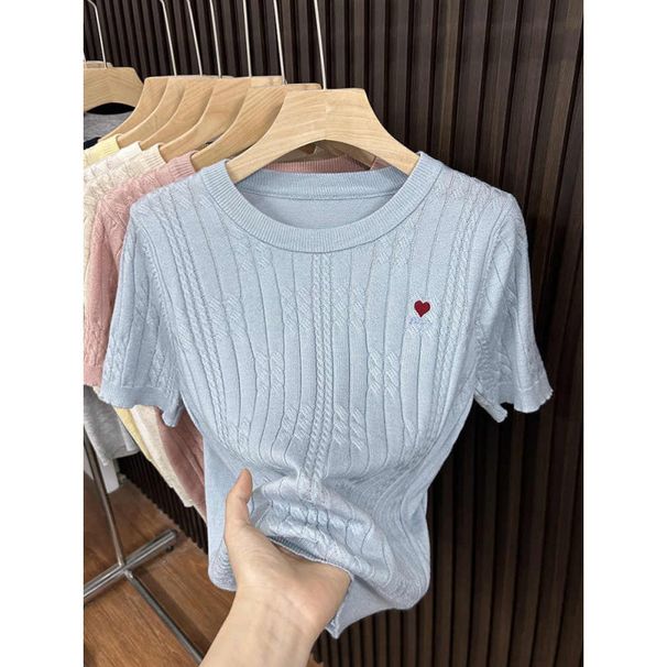 Women's Heart Patterned Jacquard Embroidered Round Neck Short Sleeve Knit Sweater Spring/Summer New Design_ecoleips.com
