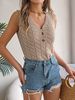 Women’s Clothing Real Shot Of New Summer Solid Color Button V Neck Hollow Sleeveless Top Holiday Sweater_ecoleips.com