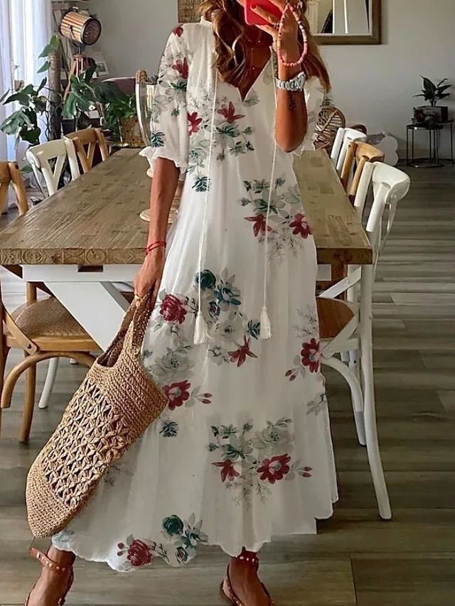 Casual Sweet Loose V-neck Print Beard Medium Sleeve Long Dress Women_ecoleips.com