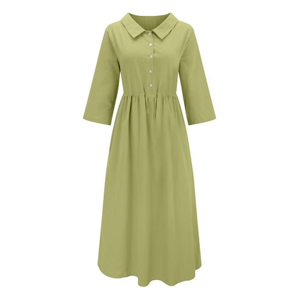Women's Casual Cotton Linen Loose Dress Solid Color New_ecoleips.com