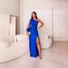 Women's Clothing Oblique Collar Raglan Sleeves Pleated Waist Slit Sexy Long Skirt_ecoleips.com