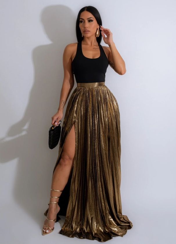 Women's Clothing Hot Selling New Fashion Commuting Solid Color Vest Hot Stamping Pleated Skirt Set_ecoleips.com