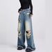 EDX Blue Ripped Jeans For Women, Summer American High Street Retro Floor-length Pants, Loose High-waisted Straight_ecoleips.com