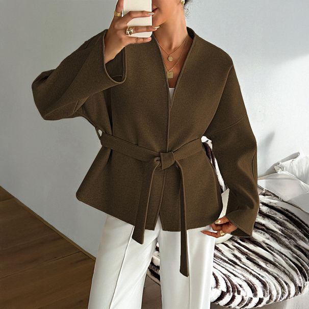 Women's Long Sleeved Blazer Autumn/Winter Casual Vacation Lace Up Wool European American Style Lightweight Coats_ecoleips.com