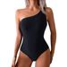 Women's Sexy One-Shoulder One-Piece Swimsuit – Slim Fit, High-Cut & Monochrome Black For Beach & Pool (S/M/L/XL)_ecoleips.com