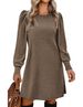 Women's Round Neck Puff Sleeve Mid Length Dress Brushed Ribbed Solid Color Autumn Winter_ecoleips.com