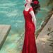 Vintage Style Red Spaghetti Strap For Women Summer V-neck Printed Slim Fit Waist Bodycon Mermaid Long Dress_ecoleips.com