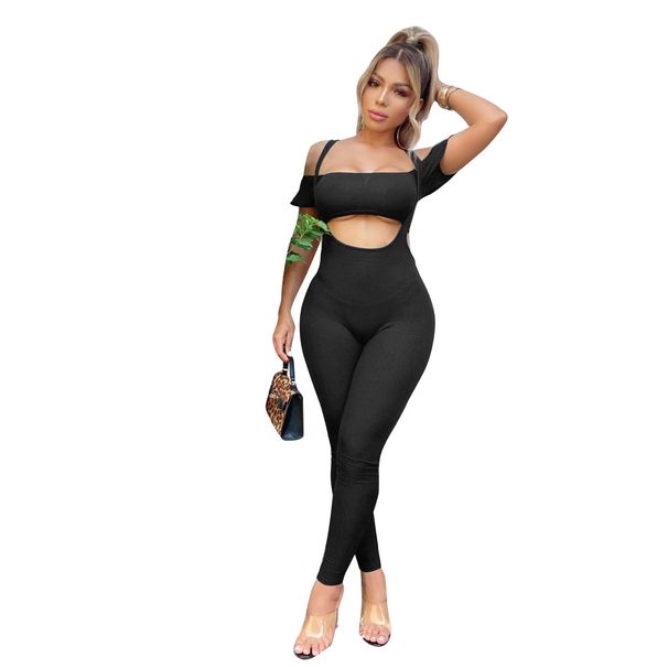 JP1029 Sexy And Elegant Ribbed Tube Top Short Sleeve Strap Pants Two-Piece Set_ecoleips.com
