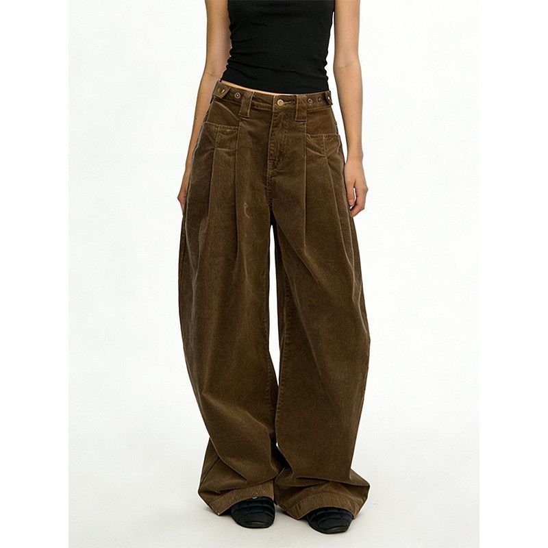 Women Retro Corduroy Cargo Pants Adjustable Waist Blue Wide Leg Casual Trousers For Autumn/Winter Trendy Style_ecoleips.com