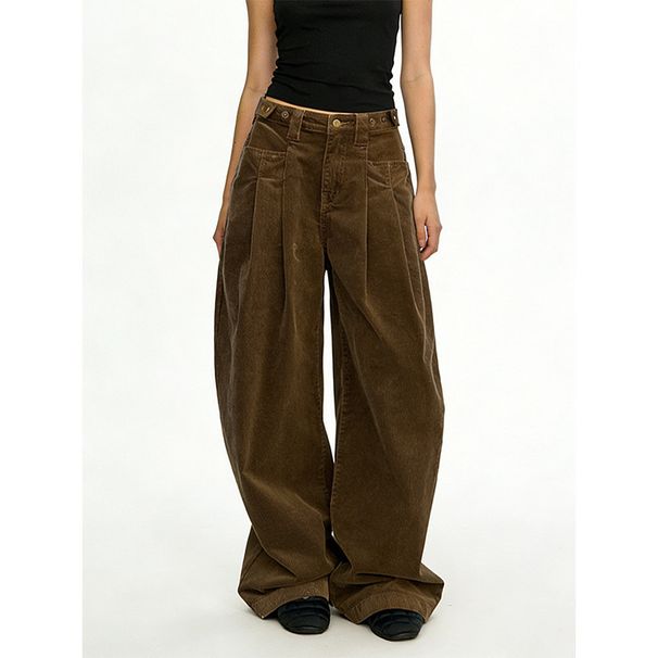 Women Retro Corduroy Cargo Pants Adjustable Waist Blue Wide Leg Casual Trousers For Autumn/Winter Trendy Style_ecoleips.com