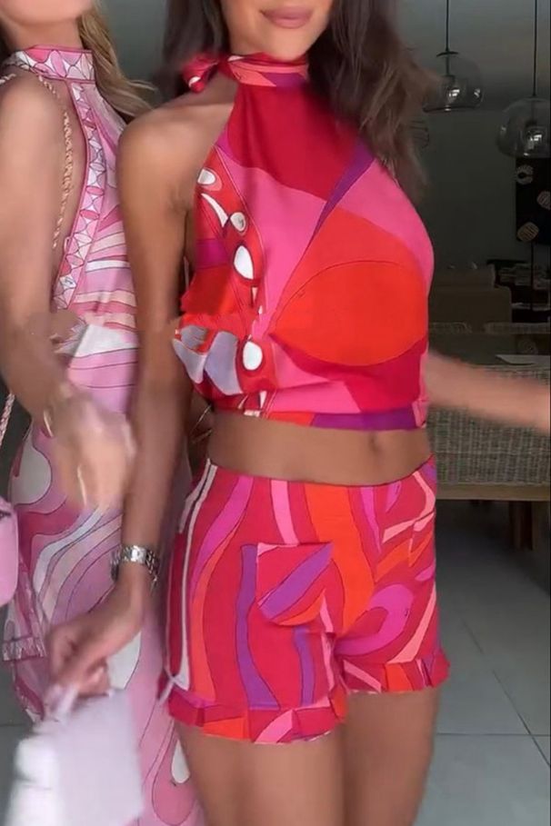 Vacation Lace-Up Backless Crop Top & Shorts Set – Floral Print Beachwear Two-Piece For Women (S-XXL) – Boho Summer Outfit With Adjustable Ties_ecoleips.com