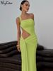 Hugcitar Women'S Fashion Sexy One Shoulder Strap Ruched Hollow Out Solid Maxi Dress Summer Casual Clothes Festival Party Club_ecoleips.com
