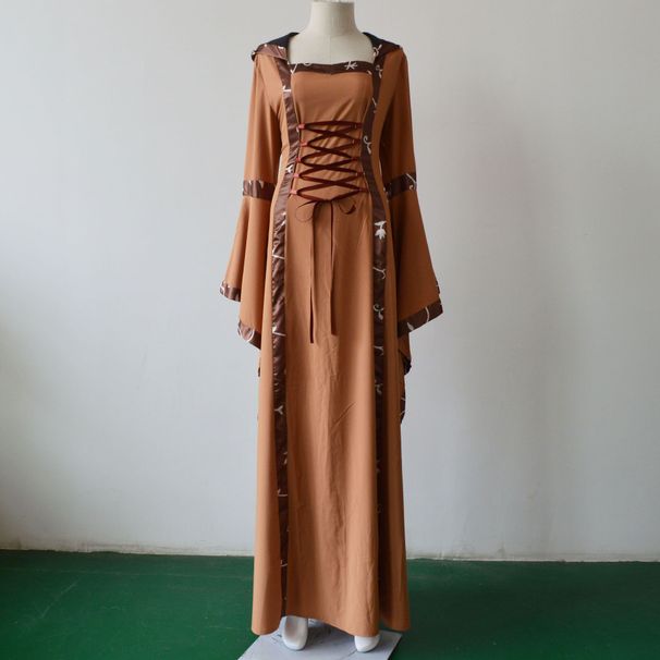 K European And American Medieval Retro Hooded Dress With Square Collar, Lace Up, Flared Sleeves, And Large Swing Skirt_ecoleips.com