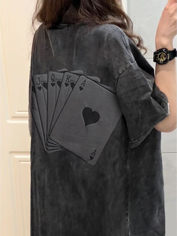 American Retro Washed Distressed Trendy Brand Poker Dice Mahjong Foam Print Short-sleeve T-shirt For Men And Women_ecoleips.com